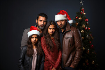 Fototapeta premium Sad unhappy African-American family spouses couple husband wife in red Santa Christmas hats and kid child hugging each other upset because of holiday cancellation. Xmas holidays celebrating concept. 