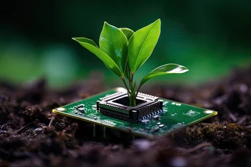 Foto op Plexiglas A green circuit board sprouts a small, leafy tree. © Sebastian Studio