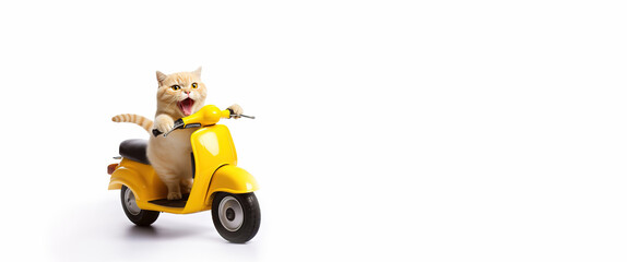 banner cat riding on yellow electric motorbike white background, kitten driver, delivery, traveler, copyspace.