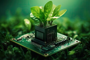 A green circuit board sprouts a small, leafy tree. - obrazy, fototapety, plakaty