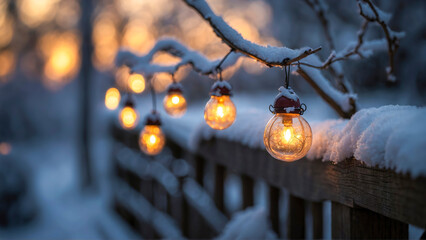 Snow-covered outdoor lights hang from a branch, with a warm glow against a twilight winter backdrop. - obrazy, fototapety, plakaty