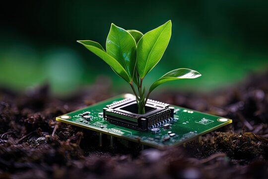 A green circuit board sprouts a small, leafy tree.