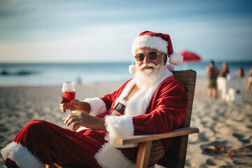 Obraz premium A man in a red Christmas suit holds a glass of wine and sits in a chair on the beach against a blurred background of the sea. The concept of holiday and good mood.