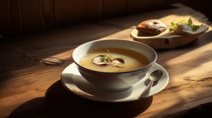 Lifestyle product shot of a plate of mushroom cream soup on a wooden table. Play light and shadow