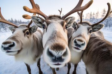 Portrait of herd of reindeers. AI generative art