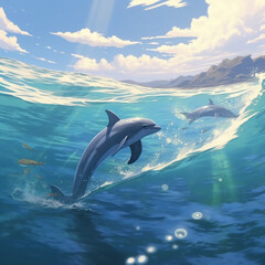 A dolphin jumping out of the water,wide. AI generative