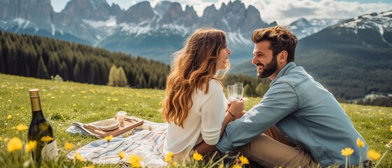 Young couple in love doing picnic visiting alps Dolomities. Boyfriend and girlfriend sitting and looking at the beautiful scenic green meadow landscape - obrazy, fototapety, plakaty
