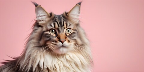 Norwegian Forest Cat on a pastel background. Cat a solid uniform background, for your advertising and design with copy space. Creative animal concept. Looking towards camera.