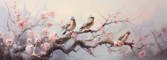 Paintings of birds on the branch of cherry blossoms.