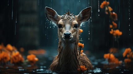  a deer is standing in the water with orange flowers in it's mouth and rain falling down on it's head.  generative ai