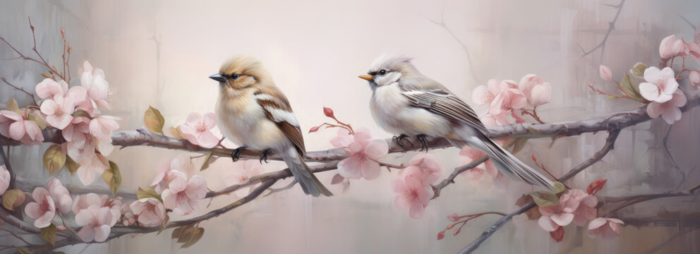 Paintings of birds on the branch of cherry blossoms.
