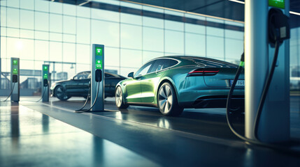 Obraz premium Electrical vehicle parked at the charging station. 