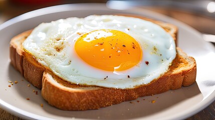  a fried egg sits on top of a piece of toast on a white plate on a wooden table with a knife and fork.  generative ai - obrazy, fototapety, plakaty