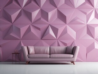 Polished gloss wall background with tiles. Minimalistic interior. Sofa. Light purple color. 3d style imitation.