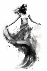 Fototapeta premium Generative AI, Beautiful dancing woman drawn by black ink or watercolor. Hand paint black and white fashion sketch. 