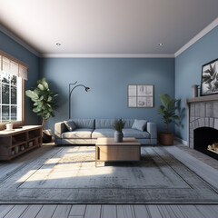 a living room with muted blue walls, gray wood panel floors, viewed from the 1st person perspective with 3 walls in frame, the right wall contains two windows with curtains,and a fireplace