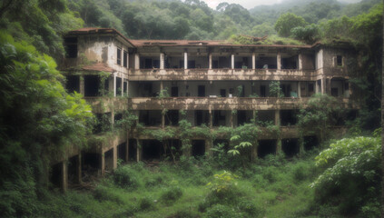 Beautiful abandoned building in the middle of a beautiful tropical fores - AI Generative