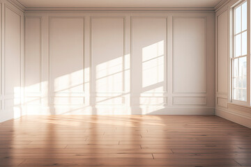Empty wall and wooden floor with interesting with glare from the window. Interior background for the presentation