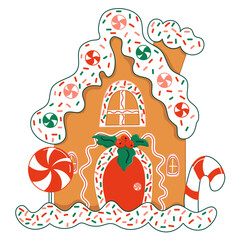 Christmas gingerbread hous cute vector illustration in cartoon flat style. Christmas template 2024 Hand drawn illustration.