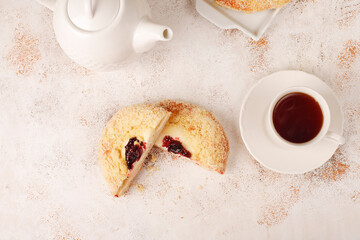 Homemade vatrushki, Russian round pastry with cottage cheese and sour cherry jam. - obrazy, fototapety, plakaty