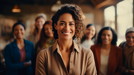 Portrait of one confident young business woman standing in the office with her colleagues in the background. Ambitious entrepreneur and determined leader, ready to succeed in a creative startup agency - obrazy, fototapety, plakaty