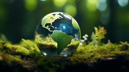 Obraz na płótnie Canvas A Green World: The Significance of a Green Globe with Continents on blurred Natural Background. Happy earth day concept. photography ::10 , 8k, 8k render ::3 