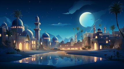 Ancient arab city with market and palace in desert at night. Flat cartoon illustration of sand area with traditional yellow houses, antique castle, islamic mosque buildings, palms. Eid al adha concept - obrazy, fototapety, plakaty