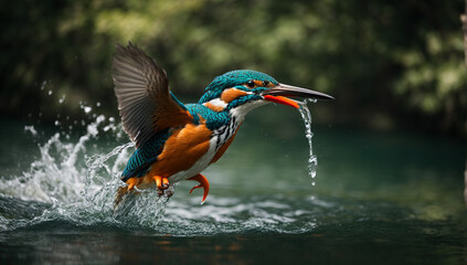 Beautifully patterned kingfisher diving into water to catch its prey - AI Generative
