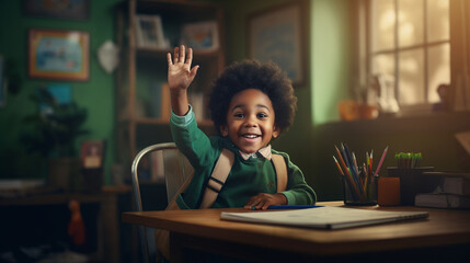A boy raises his hand in an elementary school classroom.Generative AI - obrazy, fototapety, plakaty