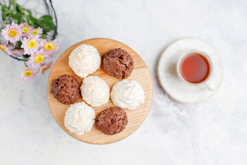Delicious homemade meringue cookies with coconut flakes.
