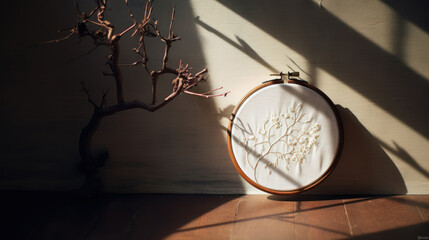 Lifestyle shot of beautiful white embroider tree shape in a hoop, and tree decorations on a wooden table. Play of light and shadow