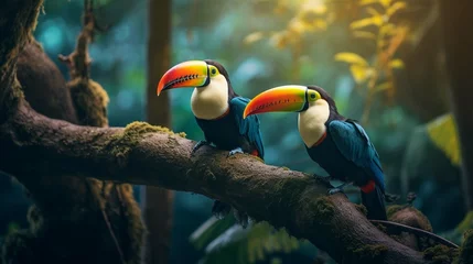 Poster Two toucan tropical bird sitting on a tree branch in natural wildlife environment in rainforest jungle. photography ::10 , 8k, 8k render ::3  © Abid