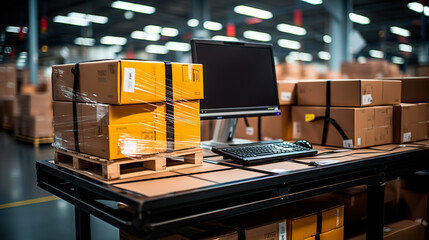 Computer on a table in a logistics center warehouse