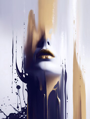 abstraction stylish face with golden lips of a girl with splashes of paint and spots
