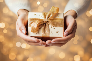 Woman hands holding present gift box decorated golden ribbon on light background with gold bokeh. Top view - obrazy, fototapety, plakaty