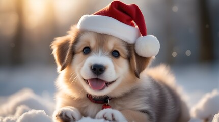 puppy in christmas hat in the snow