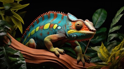  a colorful chamelon sitting on top of a tree branch in front of a dark background with green leaves.  generative ai - obrazy, fototapety, plakaty