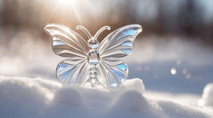 crystal butterfly on snow, bokeh background and sunlight