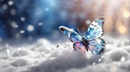crystal butterfly on snow, bokeh background and sunlight