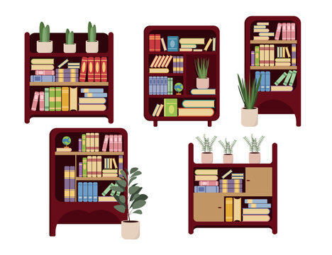 Set of bookcases in a cartoon style. Vector illustration of bookcases with shelves of colored books of different sizes, globes, vases isolated on white background. Vintage bookcases. Interior element.