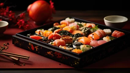 Fotobehang A black box with sushi and chopsticks on a table, AI © starush
