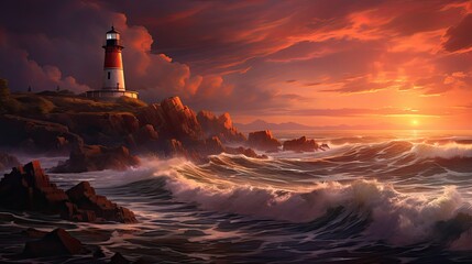  a painting of a lighthouse in the middle of a large body of water with waves in front of it and a sunset in the background.  generative ai