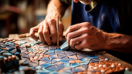 an experienced craftsman handcrafting vibrant mosaic tiles - obrazy, fototapety, plakaty