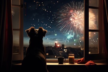 Hund schaut das Feuerwerk zu Silvester an. Neugieriger Hund von Hinten darf Raketen vom Fenster aus beobachten. - obrazy, fototapety, plakaty