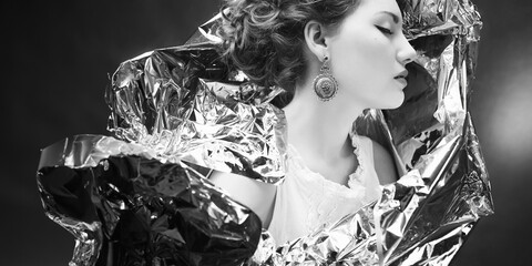 Amazing Muse concept. Profile arty portrait of young woman in white vintage dress, wrapped in silver foil, posing over gray background. Retro hairdo. Porcelain skin. Close up. Studio shot