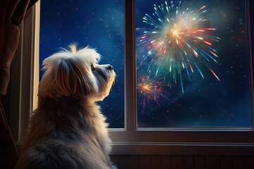 Hund schaut das Feuerwerk zu Silvester an. Neugieriger Hund von Hinten darf Raketen vom Fenster aus beobachten. - obrazy, fototapety, plakaty