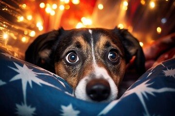 Hund hat Angst vor dem Feuerwerk zu Silvester. Ängstlicher Blick vom Hund vor Böllern und Raketen im Hintergrund.