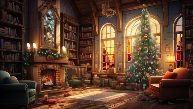 Enchanting Christmas Tree VTuber Background - Animated festive decor with sparkling lights for streaming."