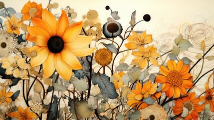  a painting of sunflowers and other flowers on a white background with a black circle in the center of the painting.  generative ai