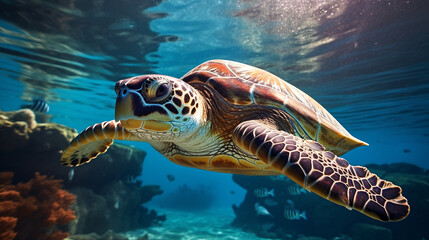 Fototapeta premium sea turtle in the water. clear water.Generative AI